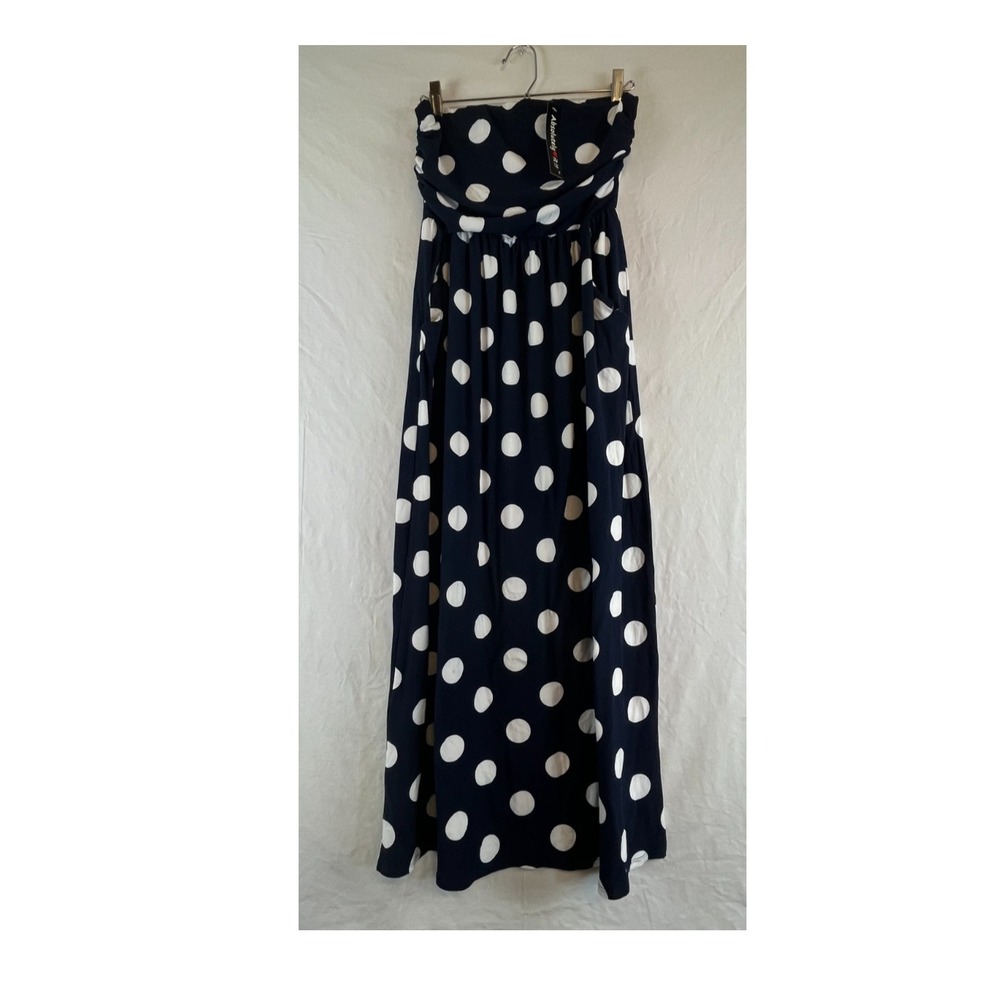 Absolutely Love It Women's 1X Navy White Polka Dot Strapless Maxi Dress NWT
